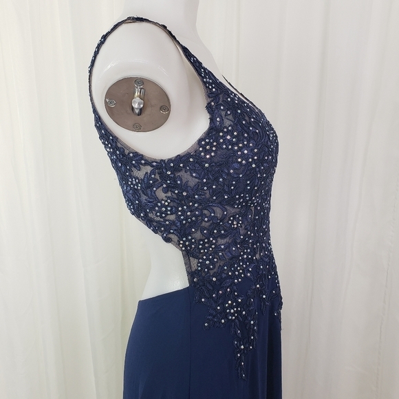 Blondie Nites Stacy Sklar navy blue formal dress openback rhinestone high slit 5 - Picture 7 of 13